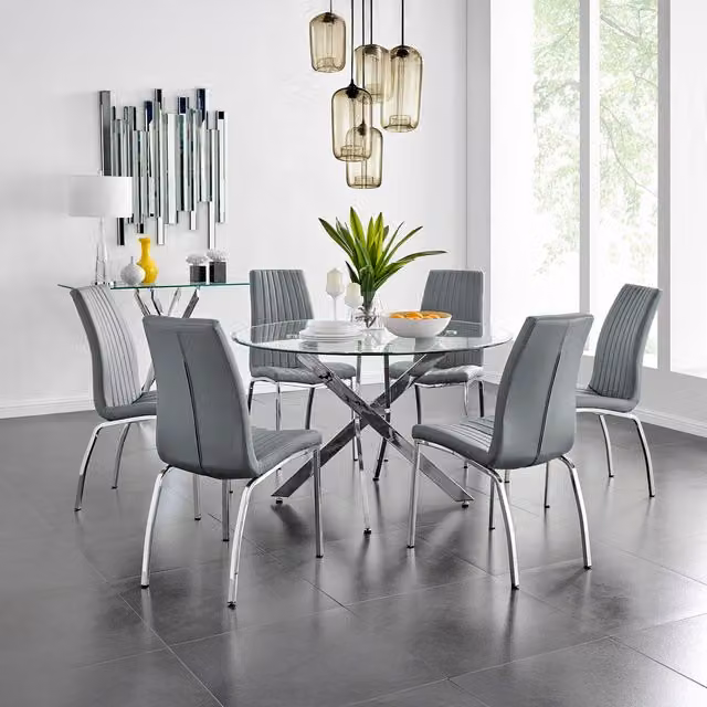 FurnitureboxUK Novara Round Glass Dining Table and 6 Isco Chairs Set, Chrome and Grey