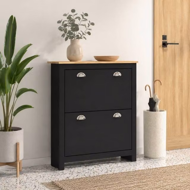 STILVORA Modern Black Matt Shoe Cabinet with 2 Tilting Compartments and Internal Shelves
