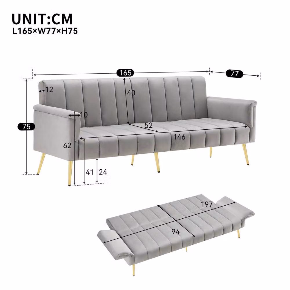 ModernLuxe Grey Velvet Click-Clack Sofa Bed with Sleeping Function, W/D/H: 140 x 190 x 75 cm – 2