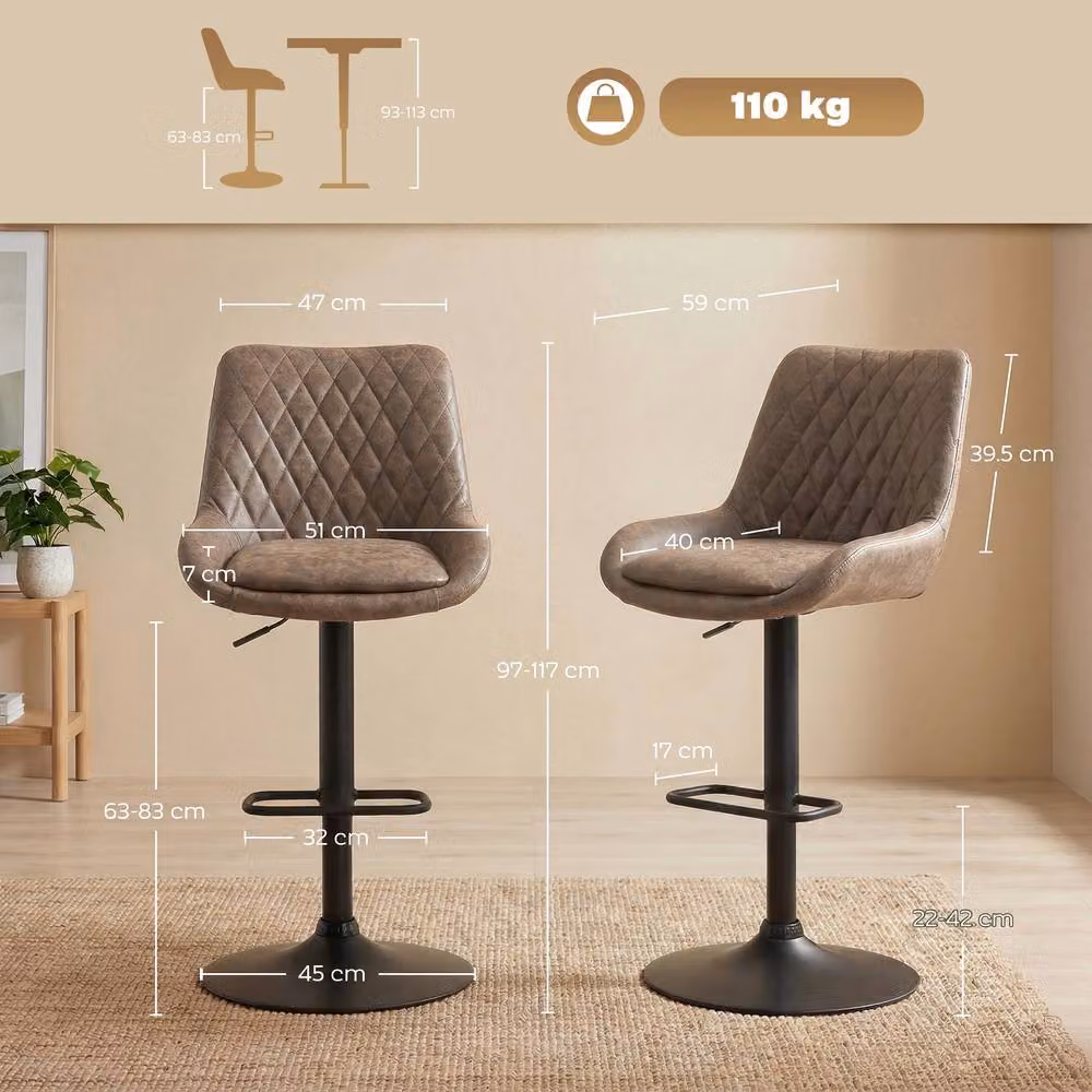 STILVORA Set of 2 Adjustable Height Swivel Bar Stools in Brown Synthetic Leather with Metal Frame – 3