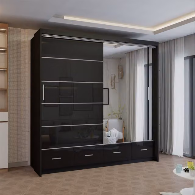 Sliding Wardrobes 4 u Kyoto Modern High Gloss Sliding Door Wardrobe in Black with Mirror and Internal Drawers, Width: 203 cm