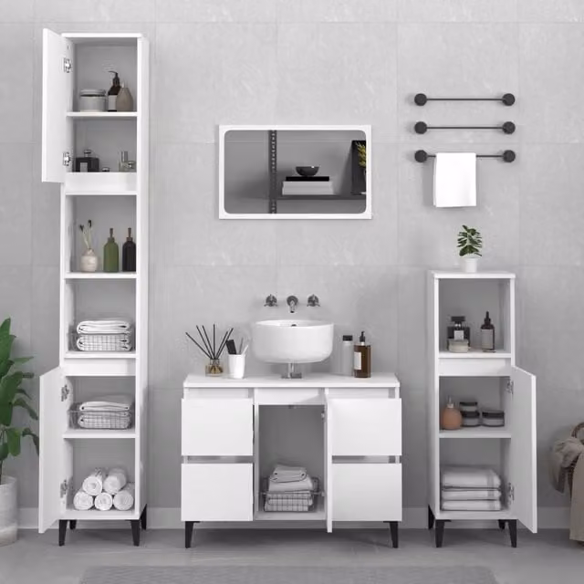 Berkfield Home 3 Piece Modern White Bathroom Furniture Set with Tall Cabinet and Hinged Doors