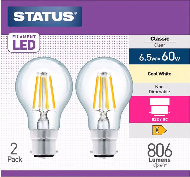 Status Pack of 2 Classic Filament LED Lightbulbs, Transparent, Cool White