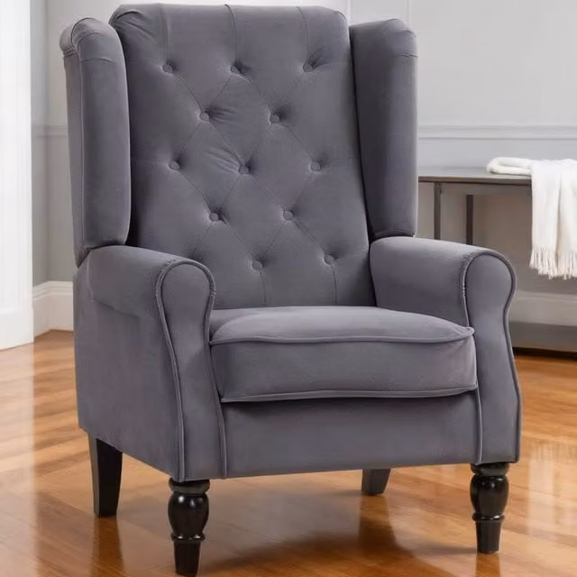 ERGOVEXA Retro Wingback Accent Chair in Grey Fabric with Solid Wood Frame, H 86.0 x W 74.0 x D 102.0 cm