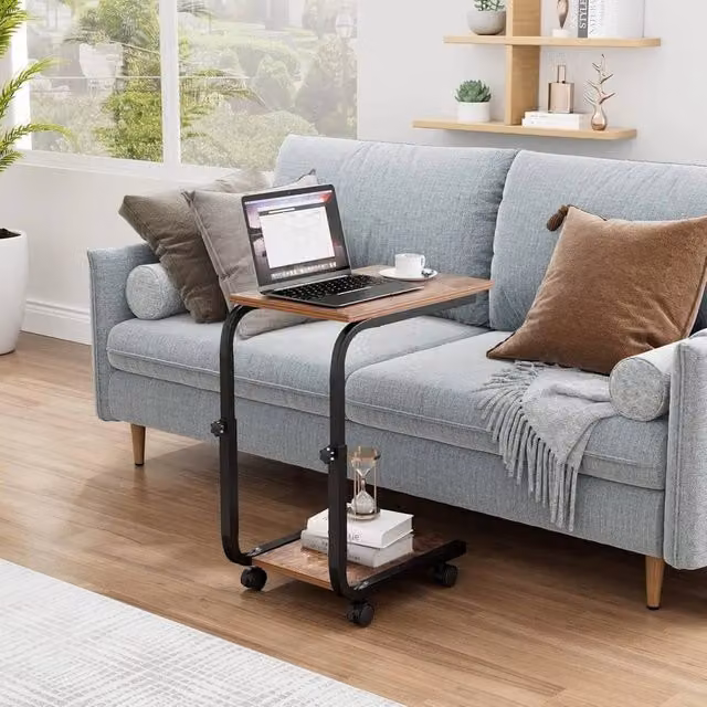 FORGEVIO Height Adjustable Industrial Side Table with Castors in Brown – 1