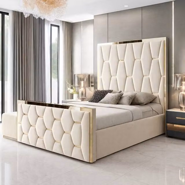Paradise Beds Ltd Modern Upholstered Platform Bed Frame with Mirror Designed Headboard in Beige, Size: Super King (200 x 200 cm)