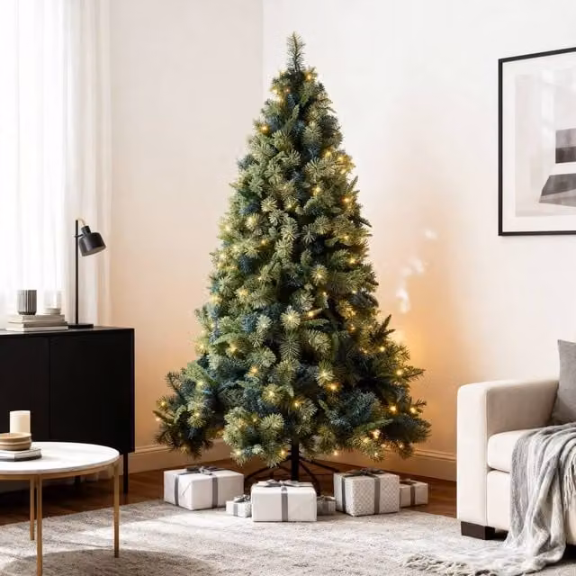 Shatchi 8ft Pre-Lit Kentucky Pine Artificial Green Christmas Tree with Warm White LED Lights – 1