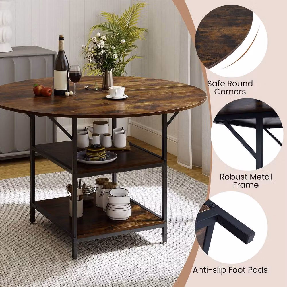 Costway Modern Round Dining Table with 2 Storage Shelves in Brown, Diameter: 120 cm – 6