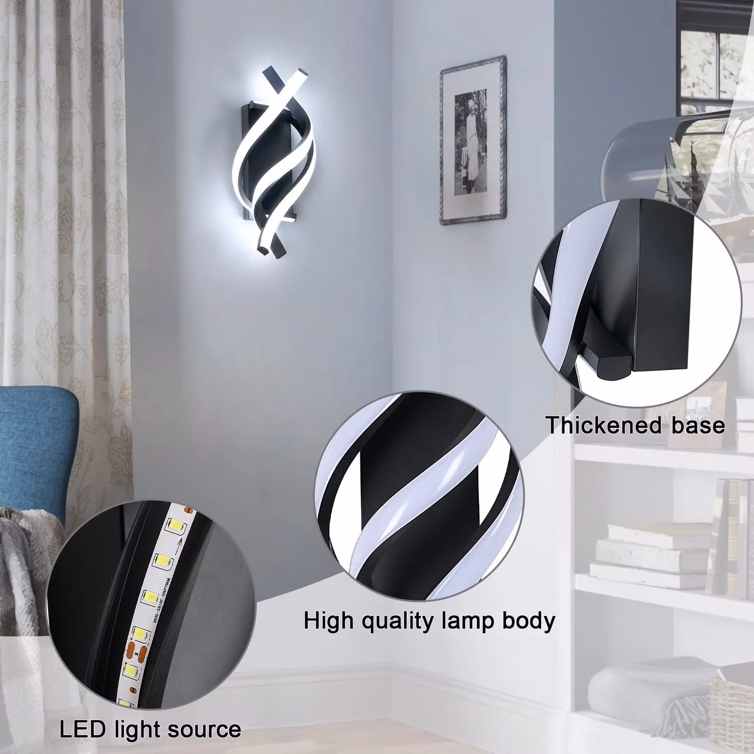 COMELY Modern Spiral LED Indoor Wall Light, 22W, Black, 6500K Cool White – 7