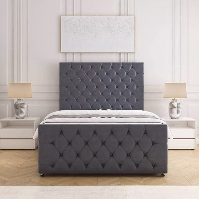 BSSPOKE Maya Plush Double Divan Bed with Headboard and Footboard in Charcoal Grey Velvet Fabric, W/D/H: 140 x 200 cm