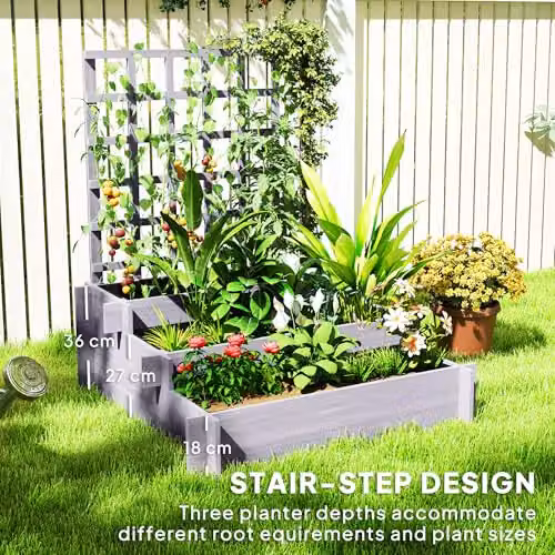 Outsunny 3 Tier Wooden Raised Garden Bed with Trellis for Climbing Plants, Grey – 4