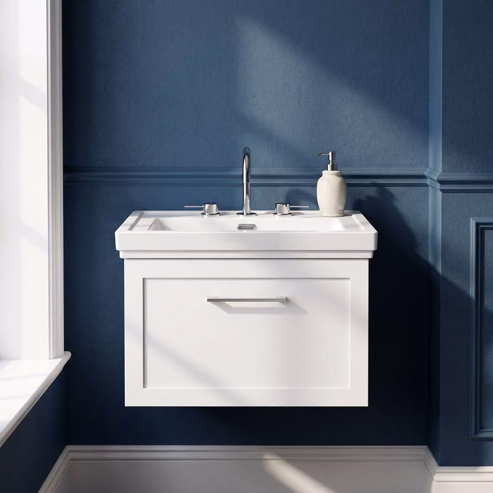 Balterley Stonnall Wall Mounted 1 Drawer Vanity Unit and 3TH Fireclay Basin, Matt White, Width: 60 cm – 3