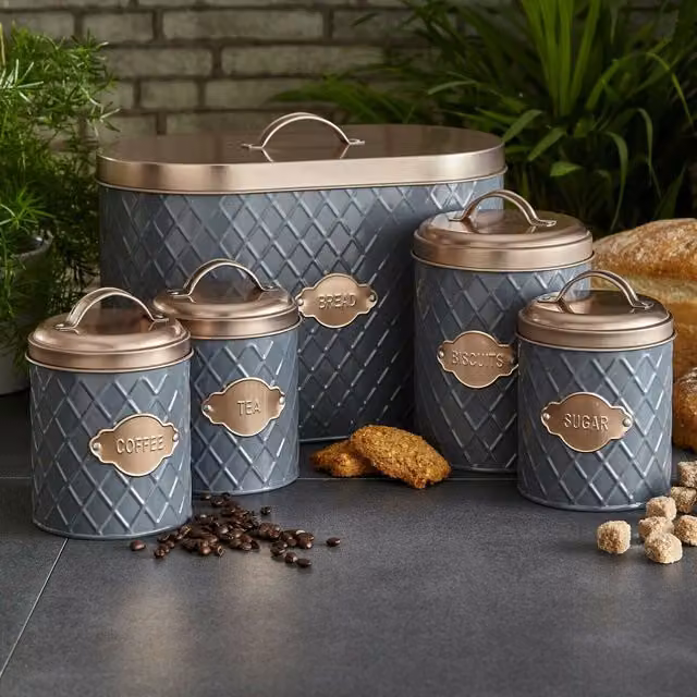Neo 5 Piece Geometric Metal Kitchen Canister Set in Grey and Copper