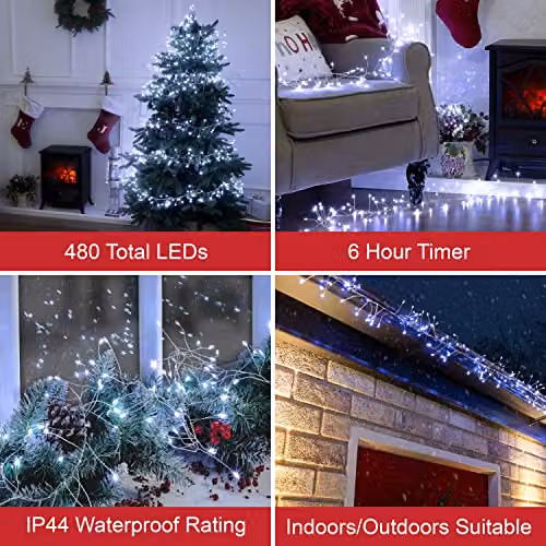 The Christmas Workshop Micro LED Cluster String Lights with Timer, 480 Bright White Lights on Silver Copper Wire for Indoor and Outdoor Use – 2