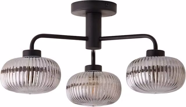 ValueLights Amaia 3 Way IP44 Bathroom Ceiling Light with Ribbed Transparent Glass Shade in Black