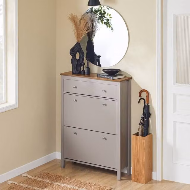 SoBuy Slim Scandinavian Style Shoe Cabinet in Matt Grey with Tilting Compartments and Internal Shelves