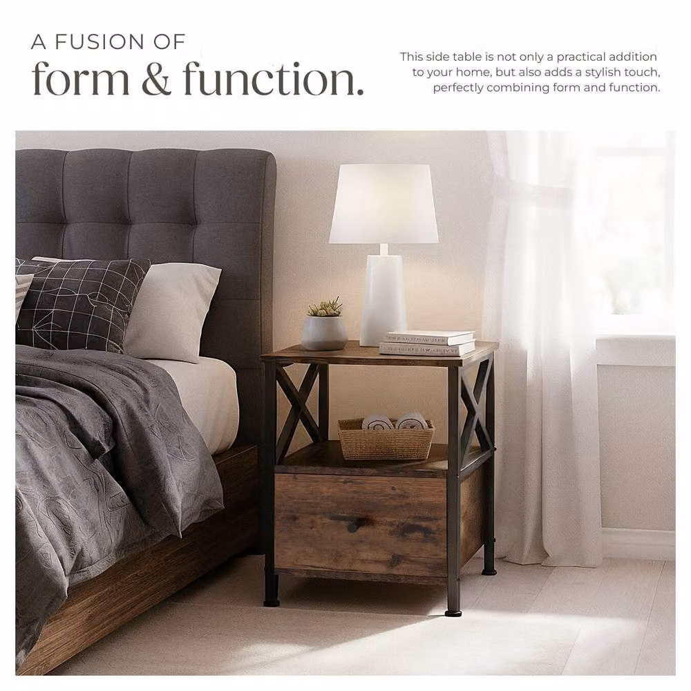tectake Falkirk Bedside Table with 2 Shelves and 1 Drawer in Brown – 5