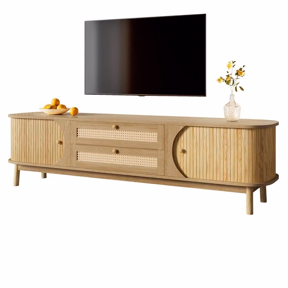 Rolipo Natural Wood TV Cabinet with Rattan Sides and Sliding Doors in Brown and Beige, W/D/H: 170 x 39.5 x 46 cm – 5