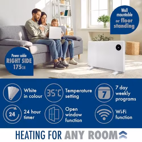 Purus 1200W WiFi Electric Convector Panel Heater, White, Wall Mounted or Freestanding, with App Control and Thermostat – 3