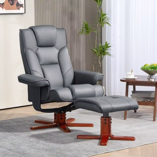 HOMCOM Grey PU Leather Recliner Chair with Footstool and Armrests