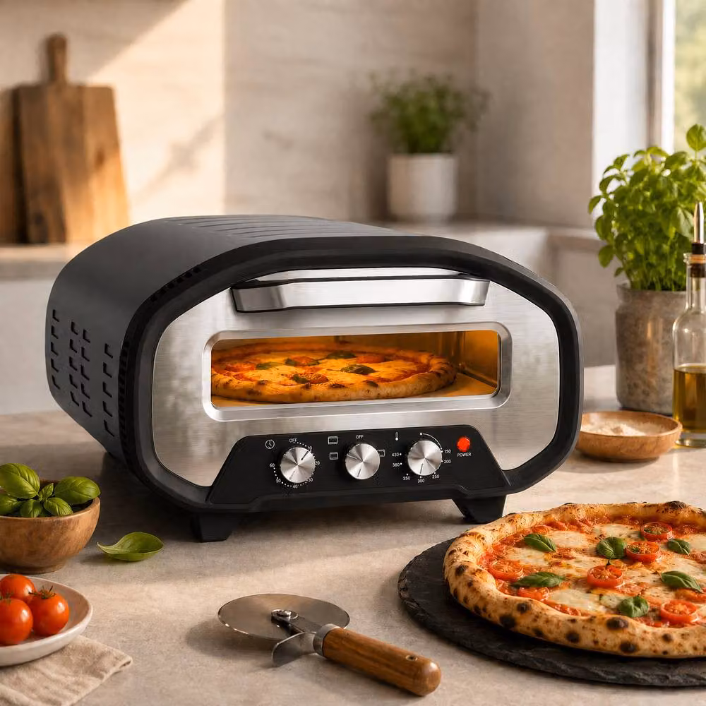 HOMCOM 12 Inch Electric Countertop Pizza Maker with 2200W Power and 3 Knob Control in Grey and Black – 2
