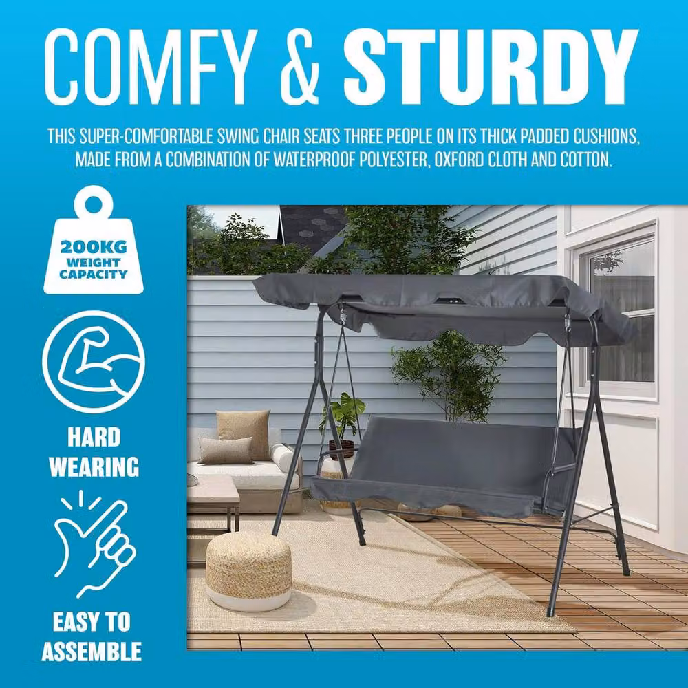 BARGAINS-GALORE 3 Seater Grey Garden Swing Chair with Sun Canopy and Cushions – 4