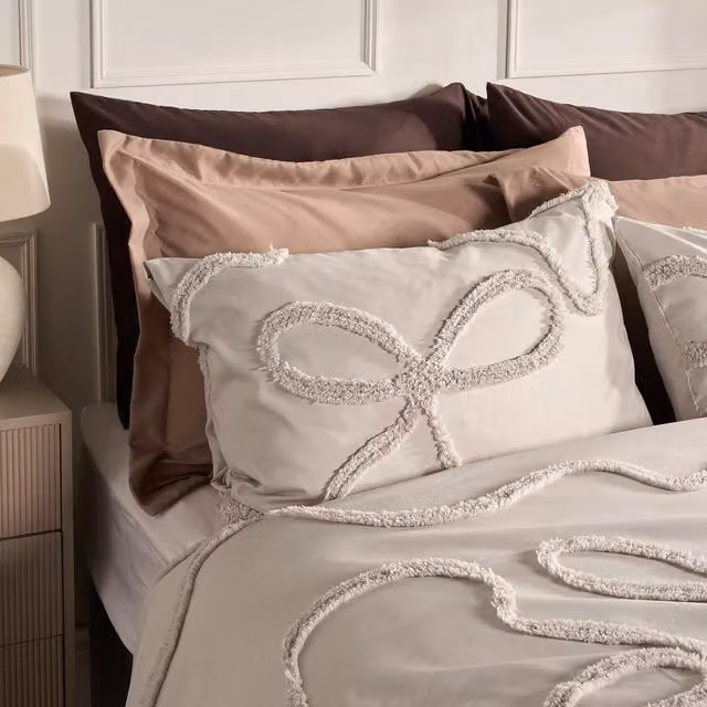 OHS Bows Tufted Duvet Cover and Pillowcase Set in Beige and Grey, W/D/H: 200 x 220 cm and 140 x 200 cm