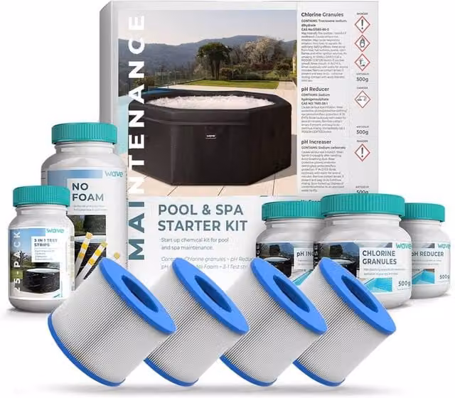 Wave Spas Hot Tub Chemical Starter Kit with White Granulated Chlorine, pH, and Alkalinity Treatment and Screw-On Threaded Filters – 1