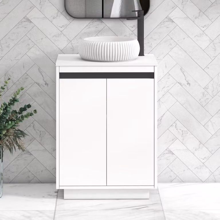 Royal Bathrooms Orion 600mm Matt White Floor Standing 2 Door Vanity Unit with Milan Basin and Black Accent Trim