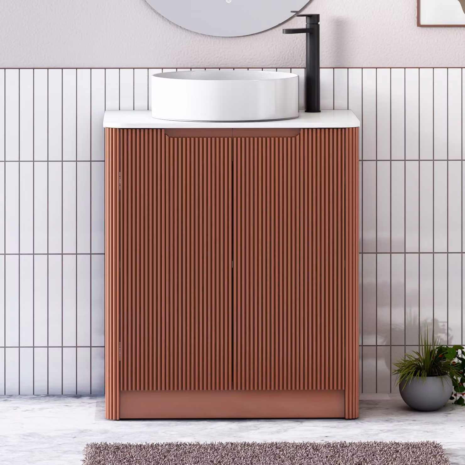 Royal Bathrooms Avenza 800mm Terracotta Clay Floor Standing 2 Door Vanity Unit with Plain White Worktop and Art Round Basin