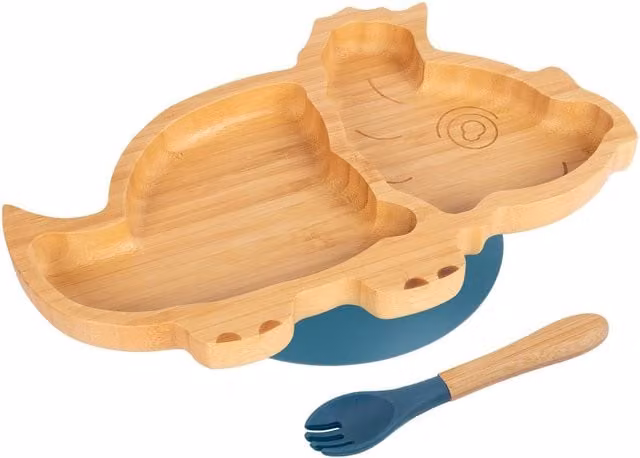 Tiny Dining Bamboo Dinosaur Baby Weaning Plate and Fork Set in Blue