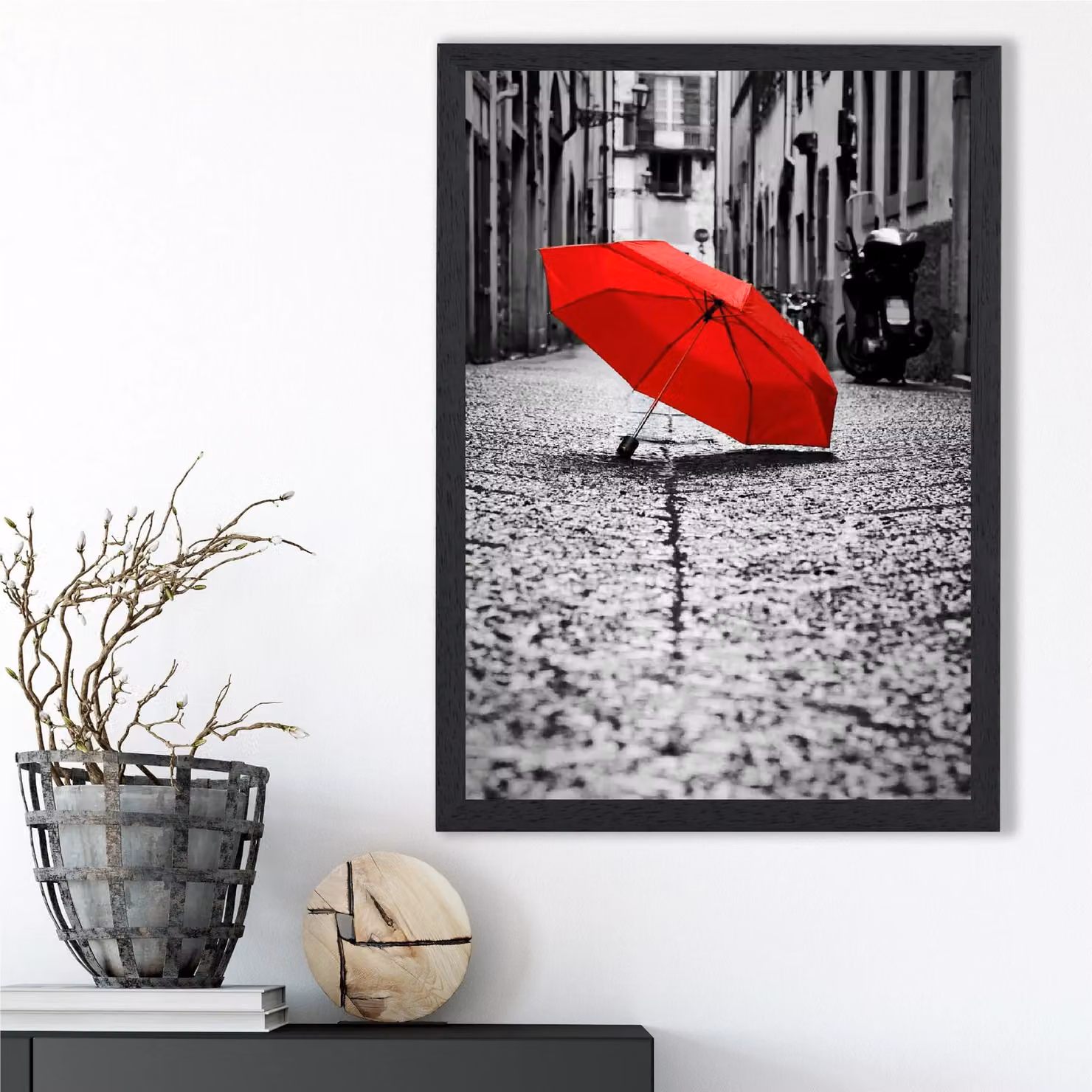 ARTZE Red Umbrella in Paris Street Fashion Framed Photograph Print, Black Frame, A3 – 2