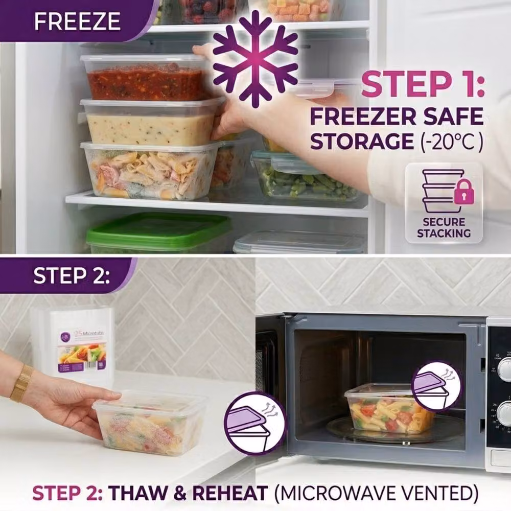 Bedsland 25 Pack 1L Microwave Safe Meal Prep Food Storage Set in Transparent Plastic – 5