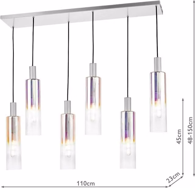 Dar RUB0632 Silver Suspended Glass Pendant Light with Dimmable Height Adjustment