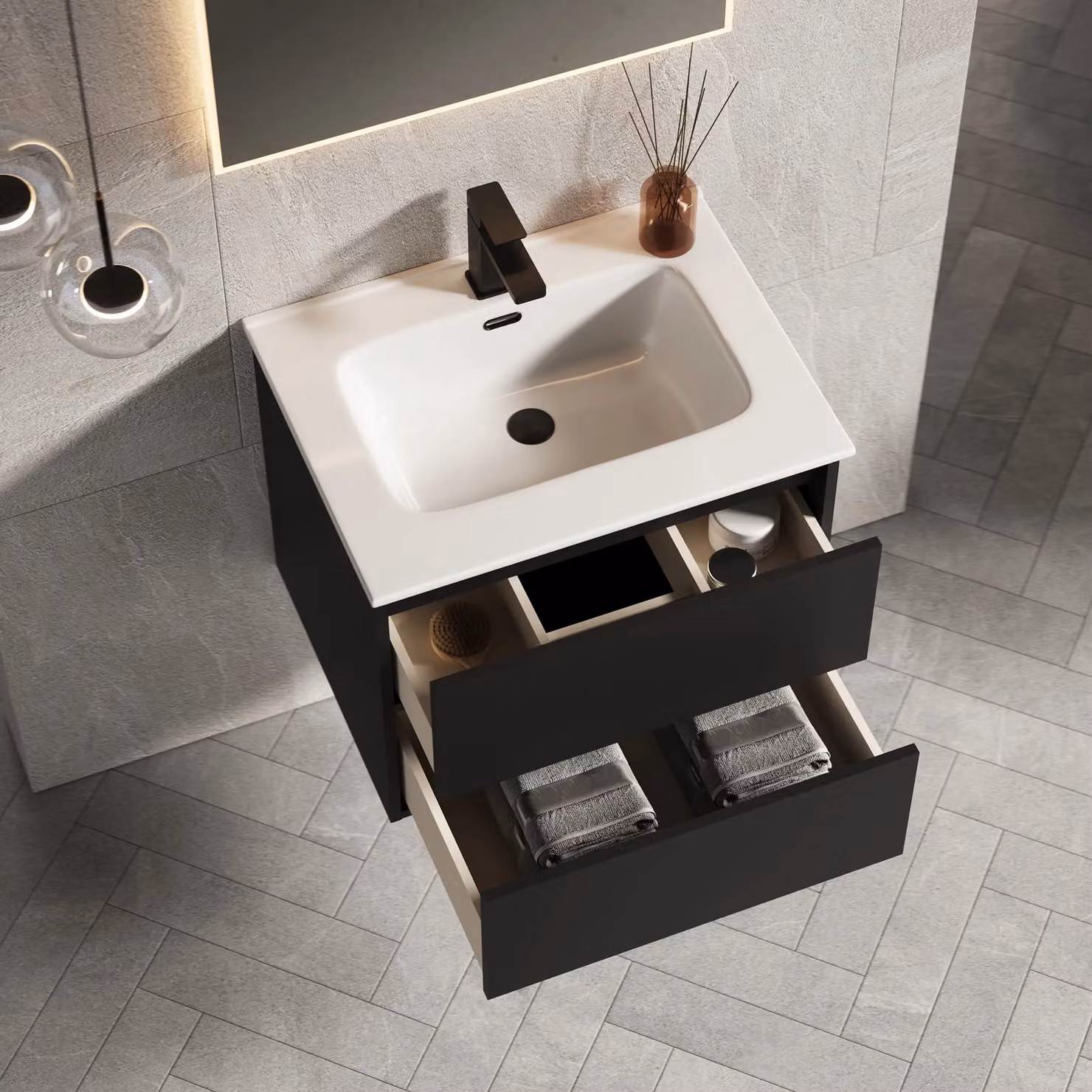Banyetti Venti 600mm Wall Hung Vanity Unit with Athena Basin, Matt Black – 3