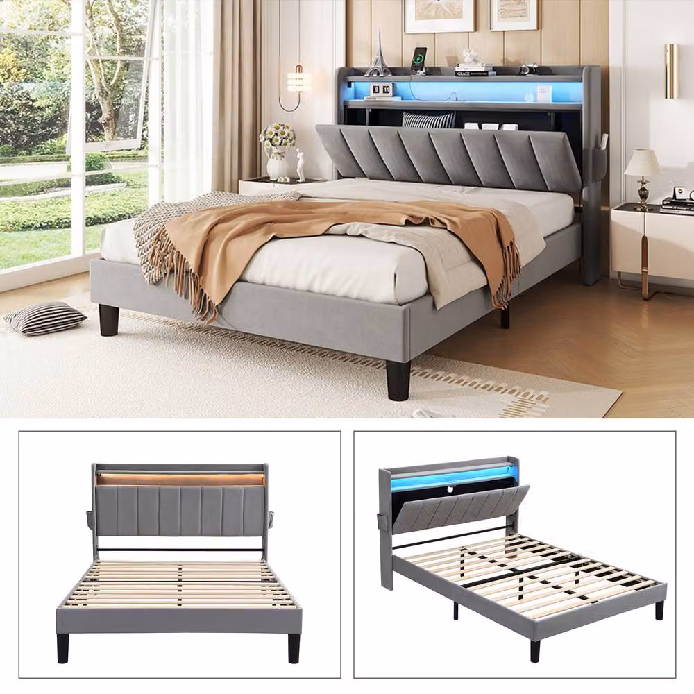 Merax Double Upholstered Velvet Bed in Grey with Storage Headboard, LED Lighting and USB Charging Ports, W/D/H: 135 x 190 x 107 cm – 3