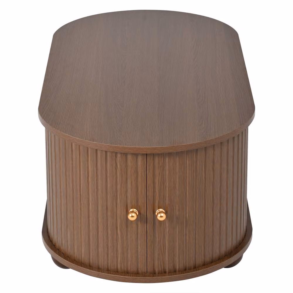 Merax Oval Fluted Coffee Table with 2 Sliding Doors and Hidden Storage in Brown, W/D/H: 100 x 50 x 40 cm – 8