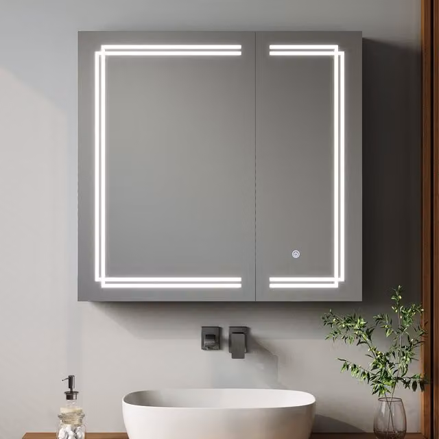Livingandhome Modern Wall Mounted Bathroom Mirror Cabinet with LED Lighting and Sensor Switch in Black and Silver