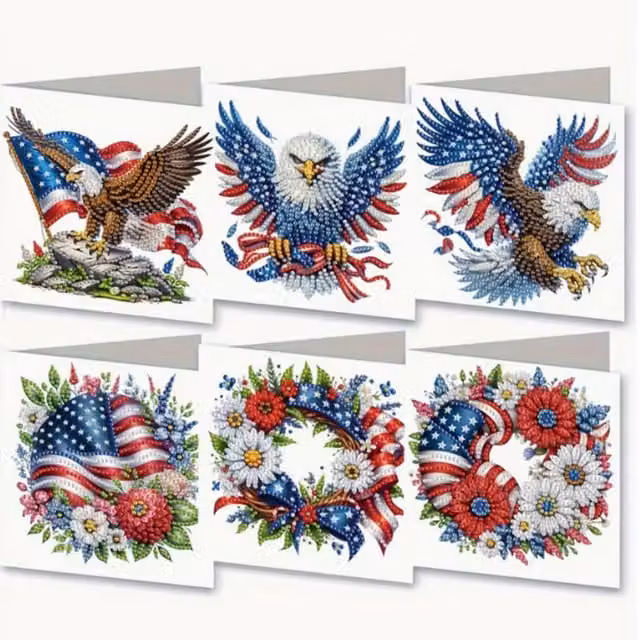 Syntego Pack of 6 American Eagle USA Diamond Art Cards in Multicolour and White