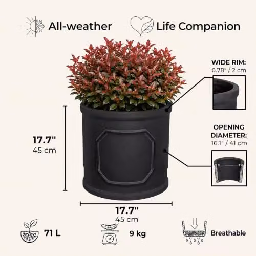 IDEALIST Large Faux Lead Reinforced Stone Plant Pot, 45 cm, 57 l, Grey or Black – 7