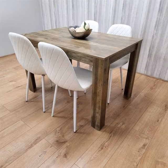 KOSY KOALA Rustic Brown Wooden Dining Table Set with 4 White Geometric Pattern Chairs – 1