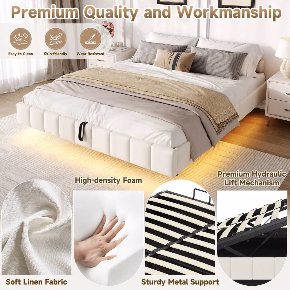 ModernLuxe Floating Upholstered Double Bed with Ottoman Storage and LED Lights in Beige, W/D/H: 140 x 200 cm – 4
