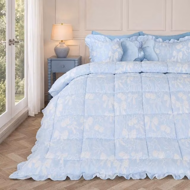 OHS Bows Frill Edge 7.5 Tog Duvet Set with Pillowcase in Blue, Double