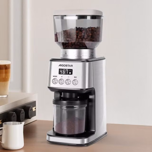 Aigostar Electric Conical Burr Coffee Grinder in Stainless Steel Silver