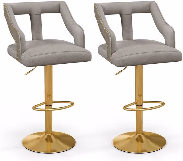 Gymax Set of 2 Adjustable Swivel Bar Stools in Grey Dutch Velvet