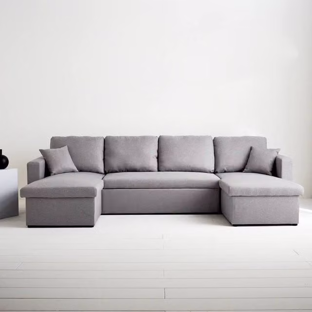 Sweek 4-Seater U-Shaped Fabric Sofa Bed in Light Grey with Pull-Out Drawer and Scatter Cushions – 1