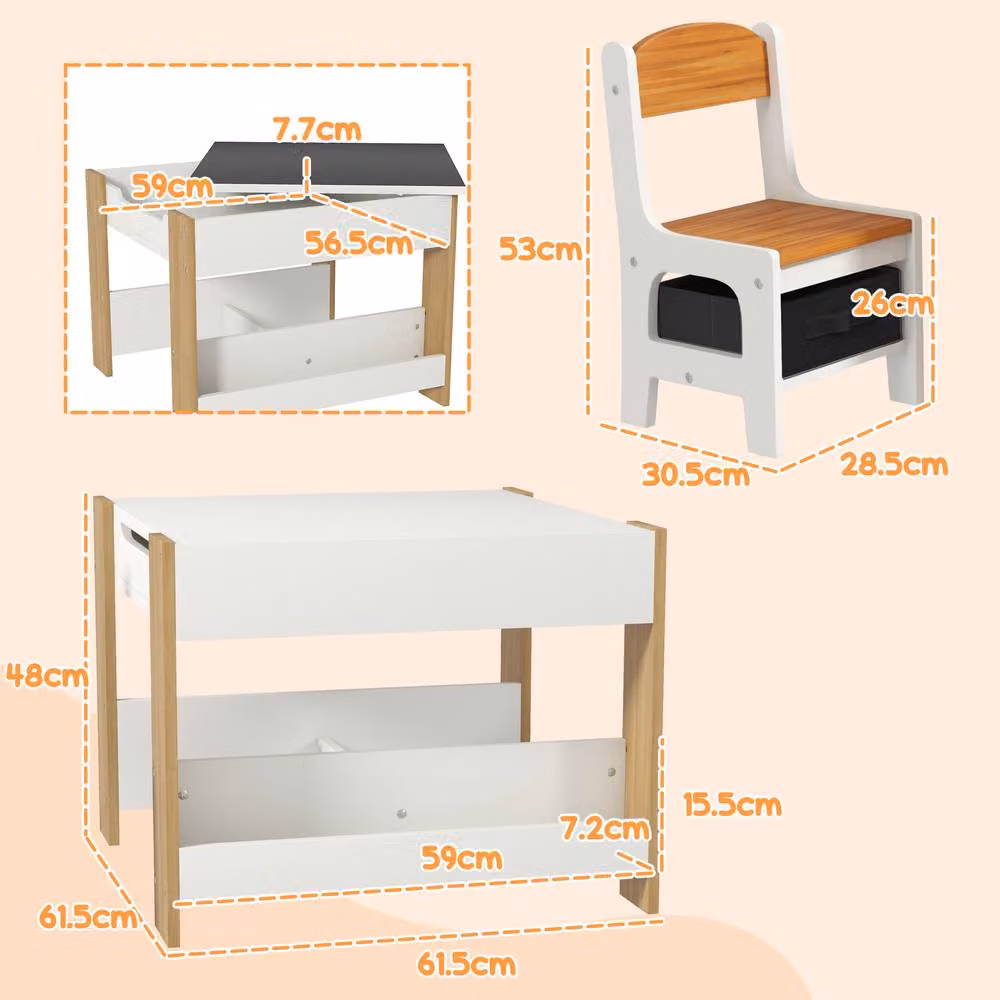 STILVORA Kids Table and Chair Set with Storage in Natural Wood and White – 2