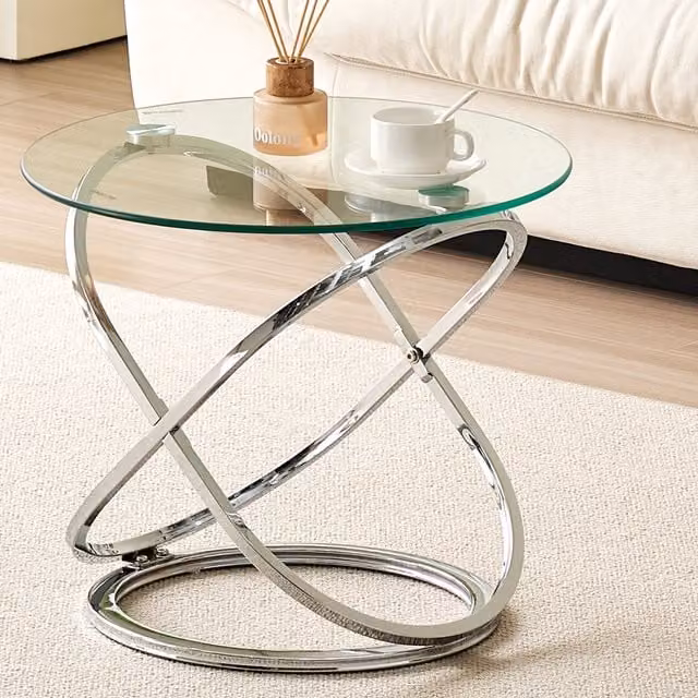 Comfy Living Modern Round Side End Table with Glass Top and Silver Metal Frame