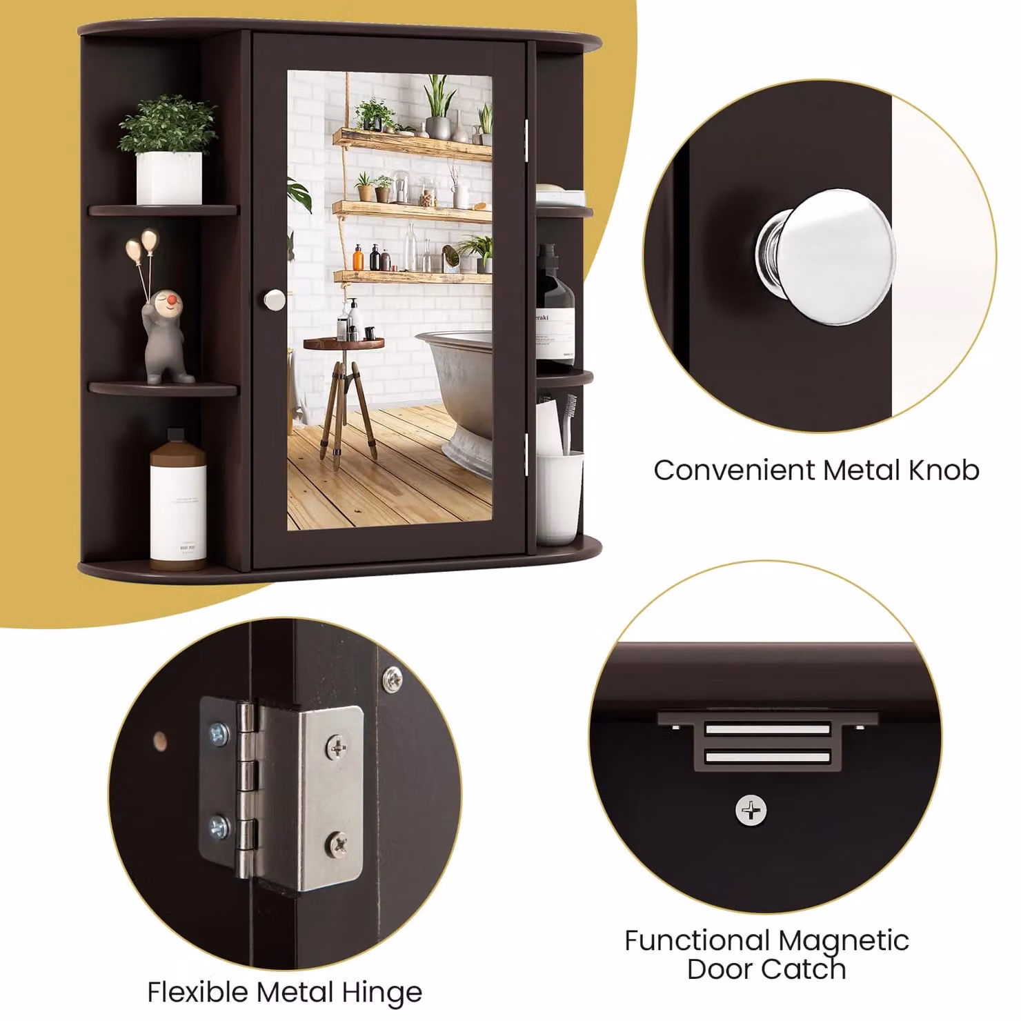 Gymax Modern Wooden Mirrored Bathroom Cabinet in Dark Brown – 8