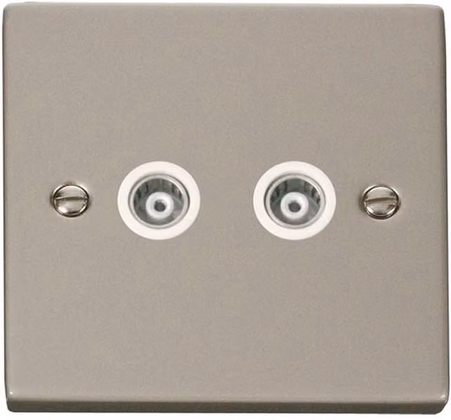 SE HOME White Flush Pearl Nickel Twin Isolated Coaxial Socket with Plastic Plate